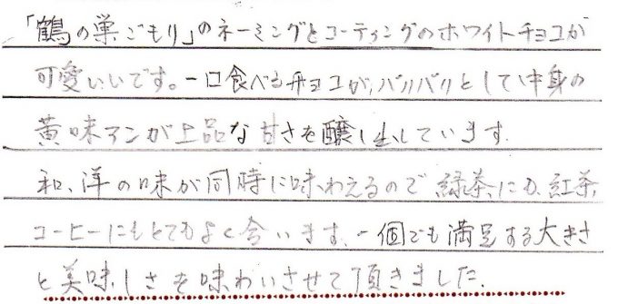 「鶴の巣ごもり」のネーミングとコーティングのホワイトチョコが可愛いです